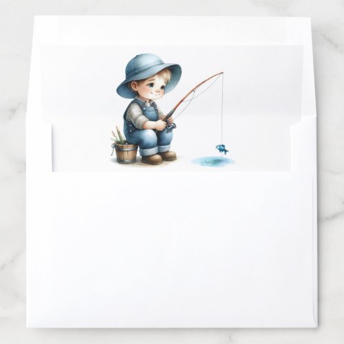 Happy Boy Fishing Pond Wearing a Blue Hat Overalls Envelope Liner