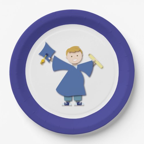 Happy Boy Grad Blue Cap and Gown Class of 2024 Paper Plates