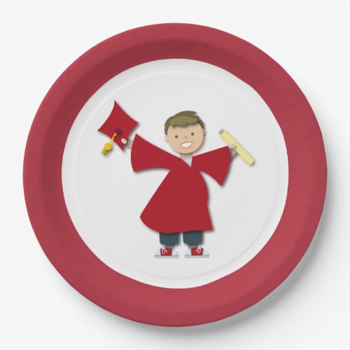 Happy Boy Grad Maroon Cap  Gown Class of 2024 Paper Plates