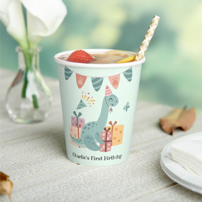 Happy Brachiosaurus Dinosaur with birthday gifts Paper Cups (Insitu)