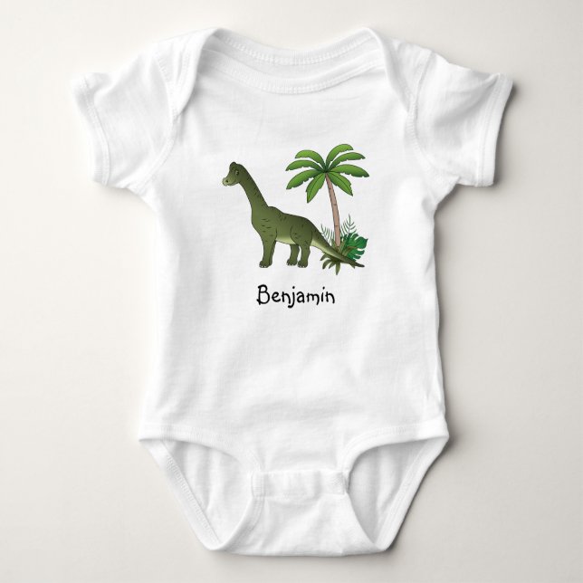 Happy Brachiosaurus Dinosaur With Custom Kids Name Baby Bodysuit (Front)