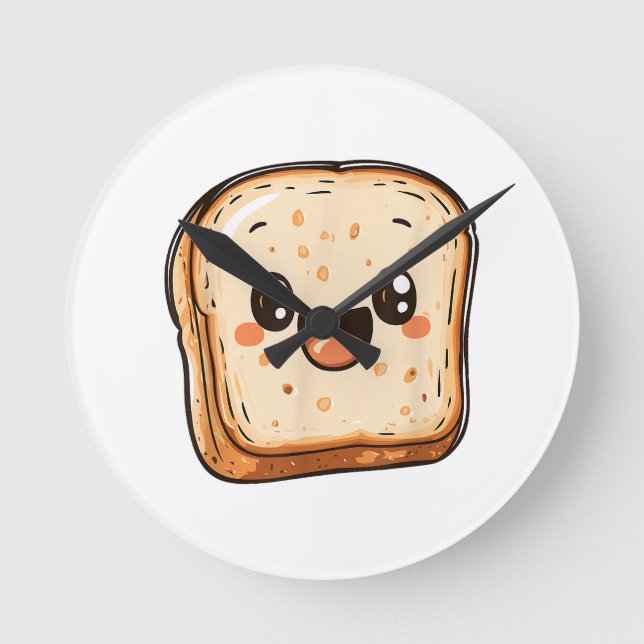Happy Bread Slice Cartoon Smiling Toast Round Clock (Front)