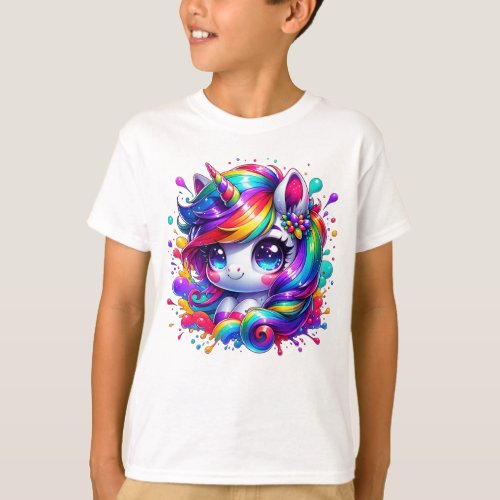 Happy Bright Rainbow Unicorn in Cartoon Style T_Shirt