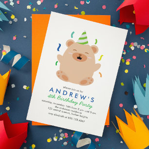 Happy Brown Bear Kids Birthday Party Invitation