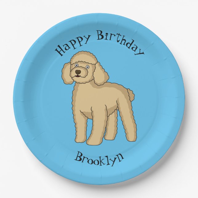 Happy brown poodle cartoon illustration paper plates (Front)