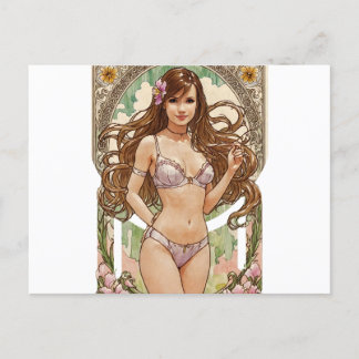 Happy Brunette V2 Mucha Style Art Holiday Postcard