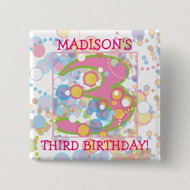 Happy Bubbles Number Three, Three Birthday Button (Front)