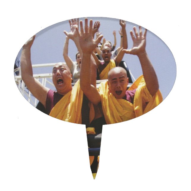 Happy buddhist monks on a roller coaster cake topper (Front)