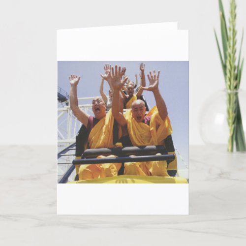 Happy buddhist monks on a roller coaster card