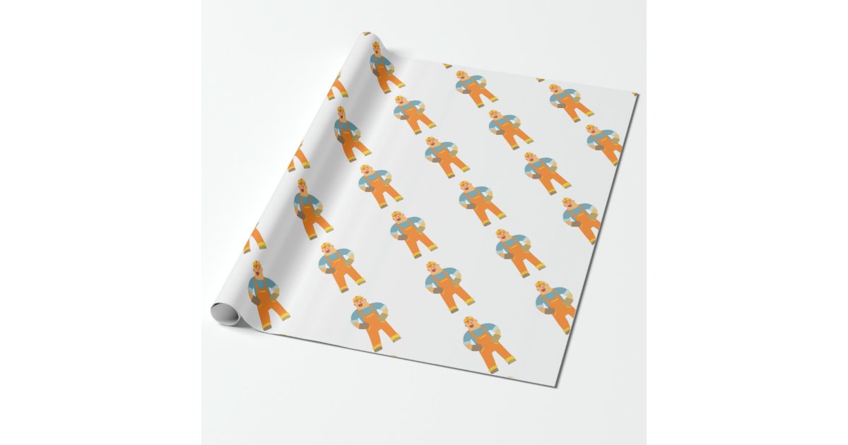 Happy Builder On Construction Site. Graphic Design Wrapping Paper