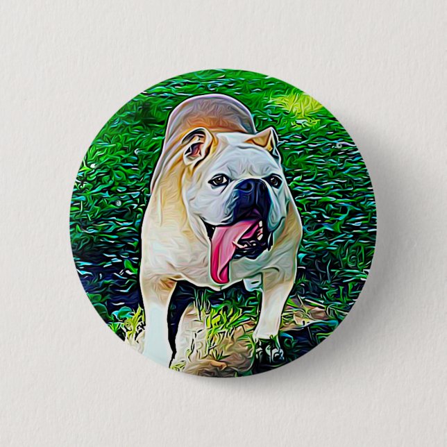 Happy bulldog stylized pet portrait button (Front)