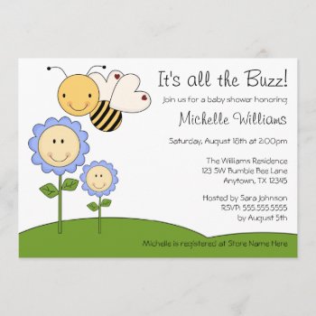 Happy Bumble Bee Blue Daisy Baby Shower Invitation by WhimsicalPrintStudio at Zazzle