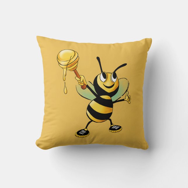 Happy Bumble Bee with a Scoop of Honey Throw Pillow (Front)