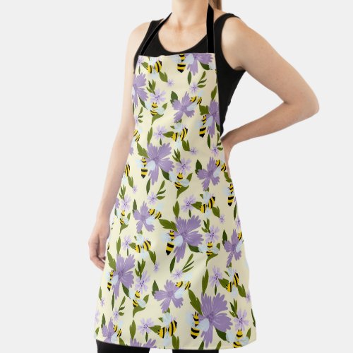 happy bumble bees and flowers repeating pattern apron