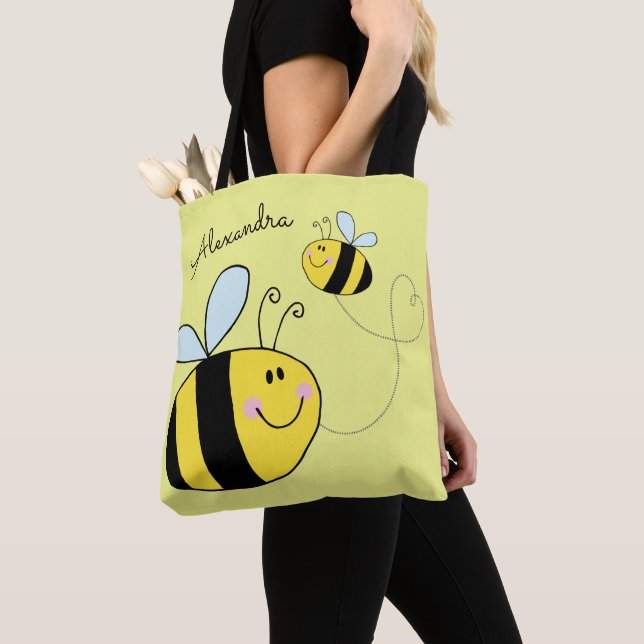 Happy Bumble Bees Flying Heart Personalized Tote Bag (Close Up)