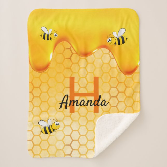 Happy Bumble bees honeycomb honey dripping name Sherpa Blanket (Front)