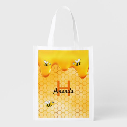 Happy Bumble bees honeycomb honey monogram Grocery Bag