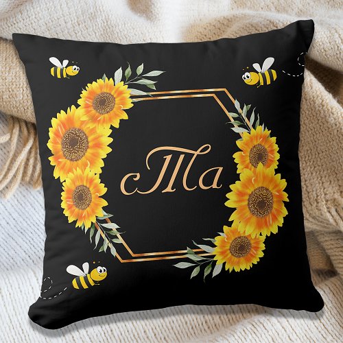 Happy bumble bees sunflowers black couple monogram throw pillow