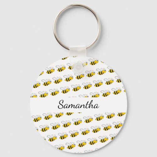 Happy bumble bees white monogram name keychain