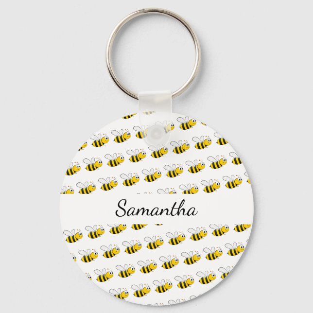 Happy bumble bees white monogram name keychain (Front)