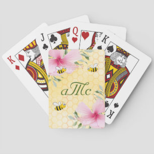 Happy bumble bees yellow floral couple monogram poker cards