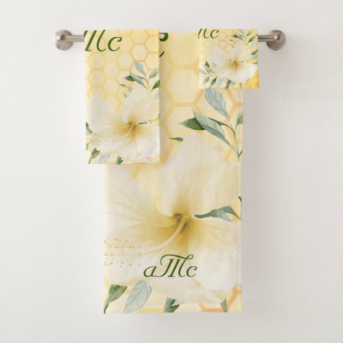 Happy bumble bees yellow honeycomb couple monogram bath towel set