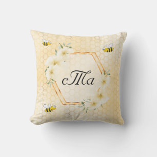 Happy bumble bees yellow honeycomb couple monogram outdoor pillow