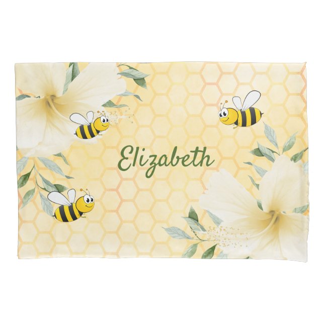Happy bumble bees yellow honeycomb cute fun name pillow case (Front)