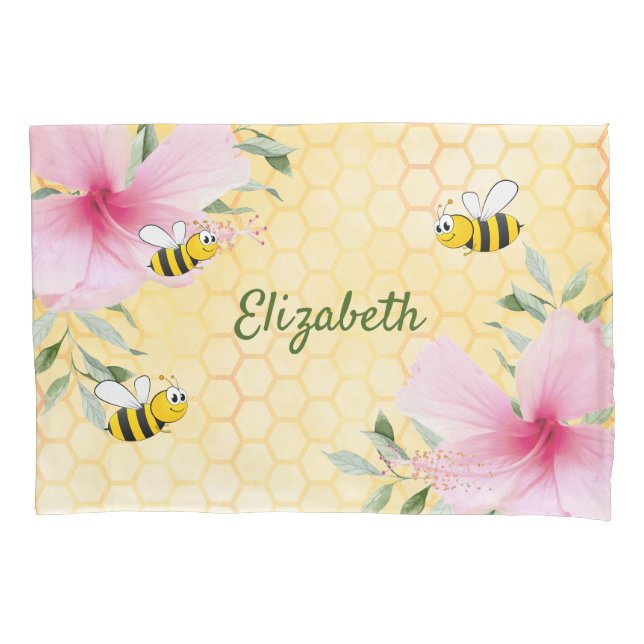 Happy bumble bees yellow honeycomb cute fun name pillow case (Front)