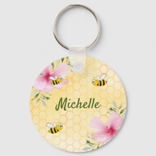 Happy bumble bees yellow honeycomb cute name keychain