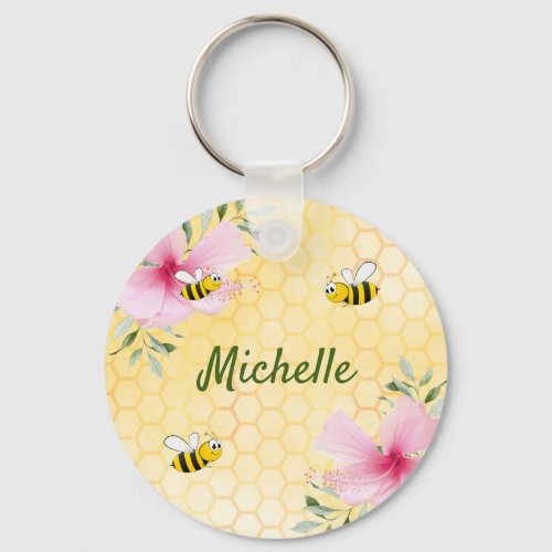 Happy bumble bees yellow honeycomb cute name keychain