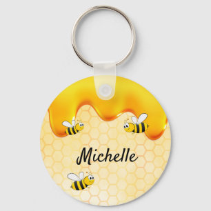 Happy bumble bees yellow honeycomb cute name keychain