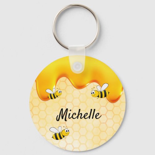 Happy bumble bees yellow honeycomb cute name keychain