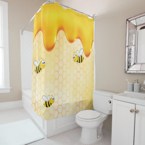 Happy bumble bees yellow honeycomb dripping honey shower curtain