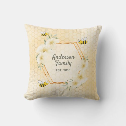 Happy bumble bees yellow honeycomb family garden outdoor pillow