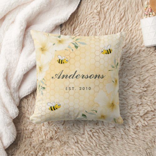 Happy bumble bees yellow honeycomb family monogram throw pillow