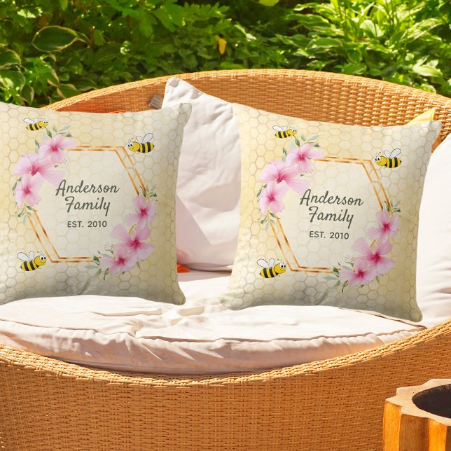 Happy Bumble bees yellow honeycomb family name Throw Pillow (Creator Uploaded)