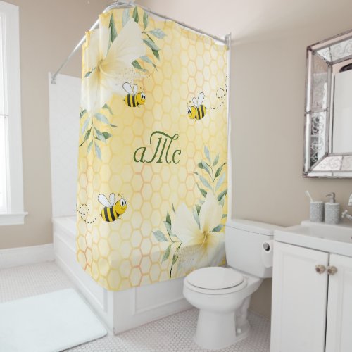 Happy bumble bees yellow honeycomb floral monogram shower curtain