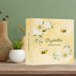 Happy bumble bees yellow honeycomb food recipes 3 ring binder<br><div class="desc">Yellow,  white background with a honeycomb pattern. Decorated with light yellow,  cream colored tropical florals flowers,  hibiscus and happy bumble bees. Your name written with a green hand lettered style script. Text: Summer Recipes. Template for your text on the spine.</div>