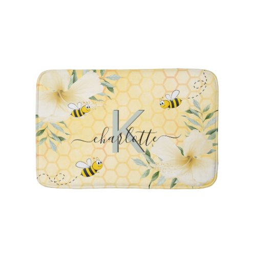 Happy bumble bees yellow honeycomb monogram script bath mat