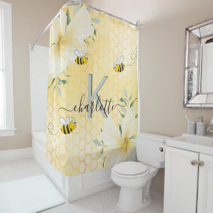 Happy bumble bees yellow honeycomb monogram script shower curtain