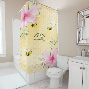 Happy bumble bees yellow honeycomb pink monogram shower curtain