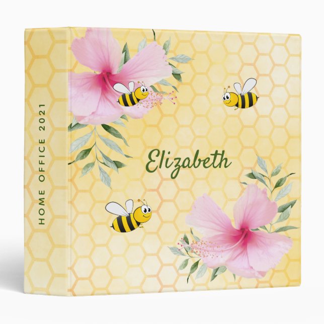 Happy bumble bees yellow honeycomb summer name 3 ring binder (Front/Spine)