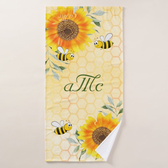 Happy bumble bees yellow sunflower couple monogram bath towel (Bath Towel)