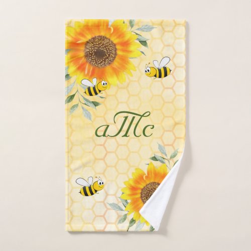 Happy bumble bees yellow sunflower couple monogram hand towel 