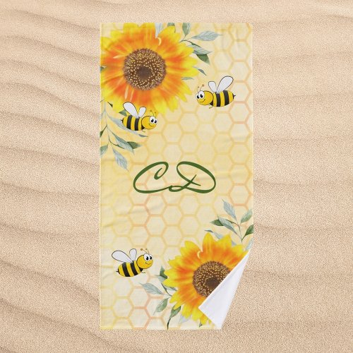 Happy bumble bees yellow sunflower floral monogram bath towel