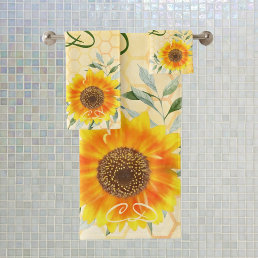Happy bumble bees yellow sunflower floral monogram bath towel set