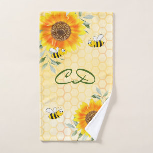 Happy bumble bees yellow sunflower floral monogram hand towel