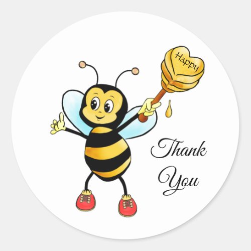 Happy Bumblebee on White Thank You Classic Round Sticker