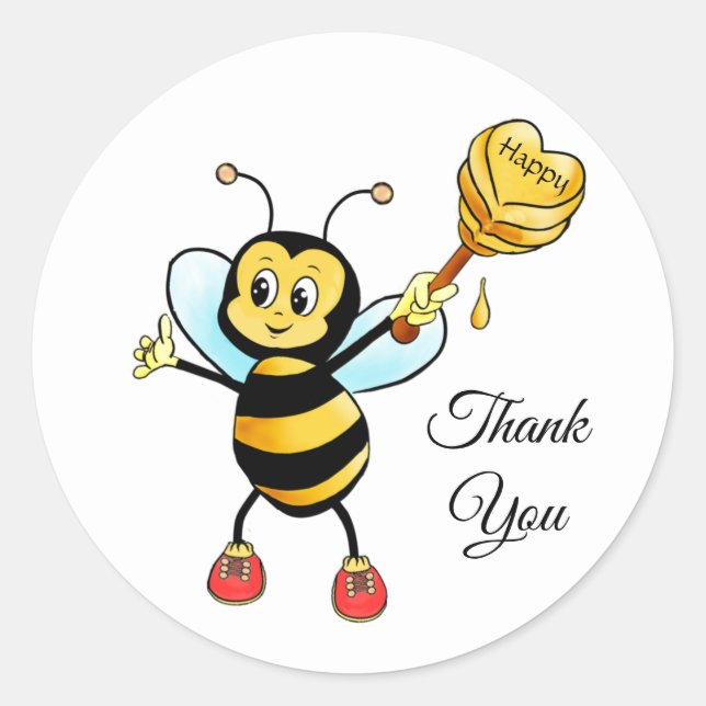 Happy Bumblebee on White Thank You Classic Round Sticker (Front)